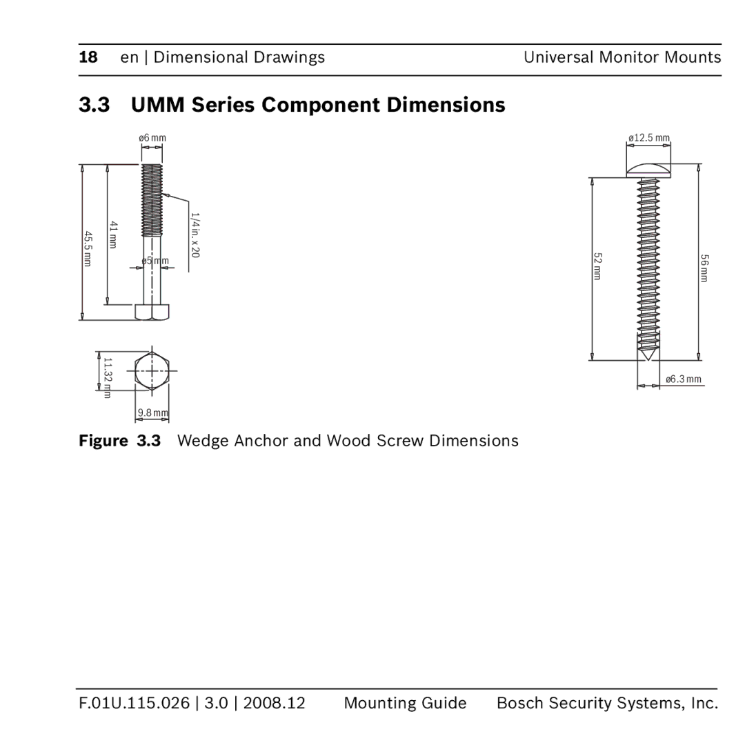 Bosch Appliances umm-lw-20b manual UMM Series Component Dimensions, Wedge Anchor and Wood Screw Dimensions 