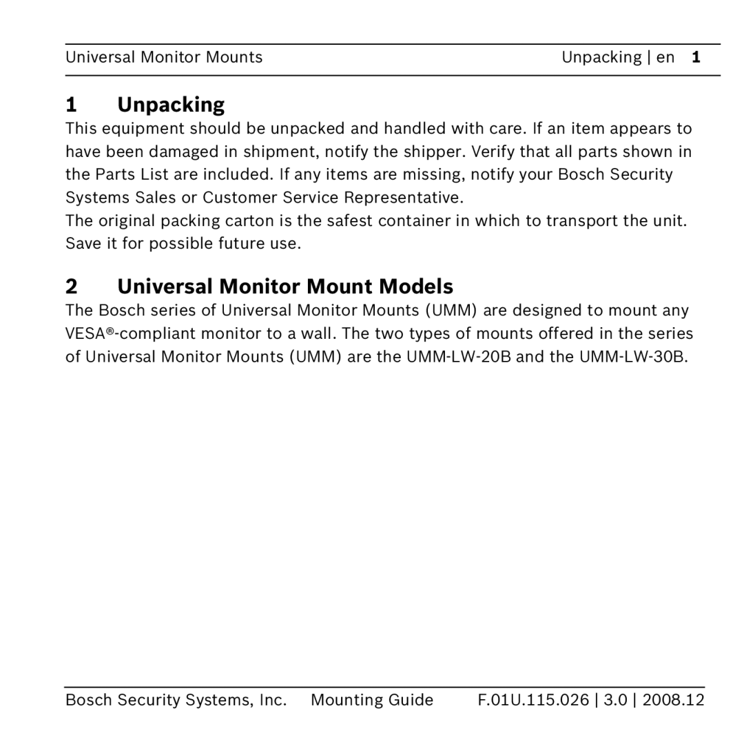 Bosch Appliances umm-lw-20b manual Unpacking, Universal Monitor Mount Models 