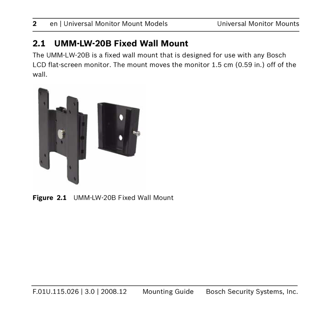 Bosch Appliances umm-lw-20b manual UMM-LW-20B Fixed Wall Mount 