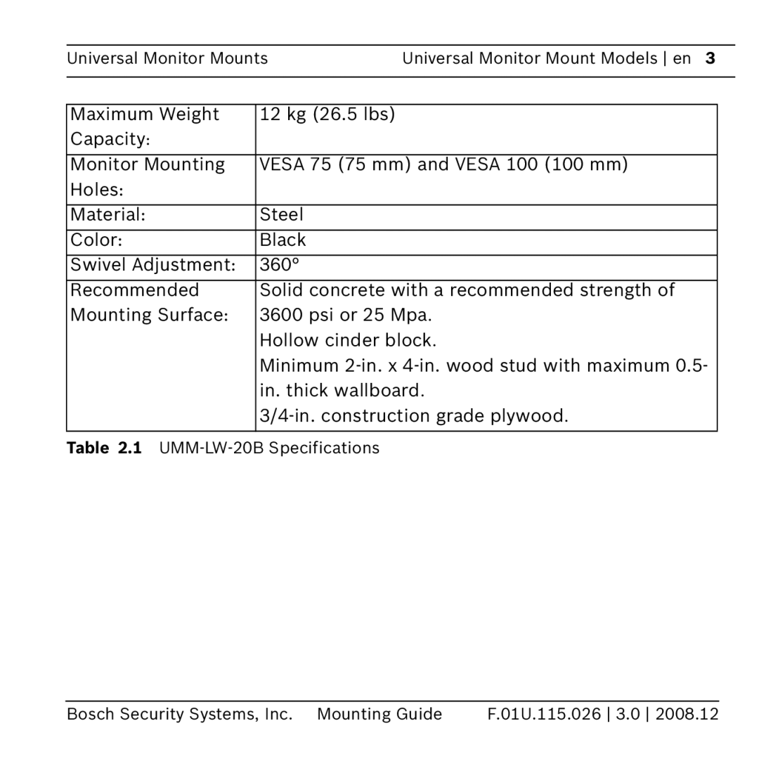 Bosch Appliances umm-lw-20b manual Universal Monitor Mounts Universal Monitor Mount Models en 