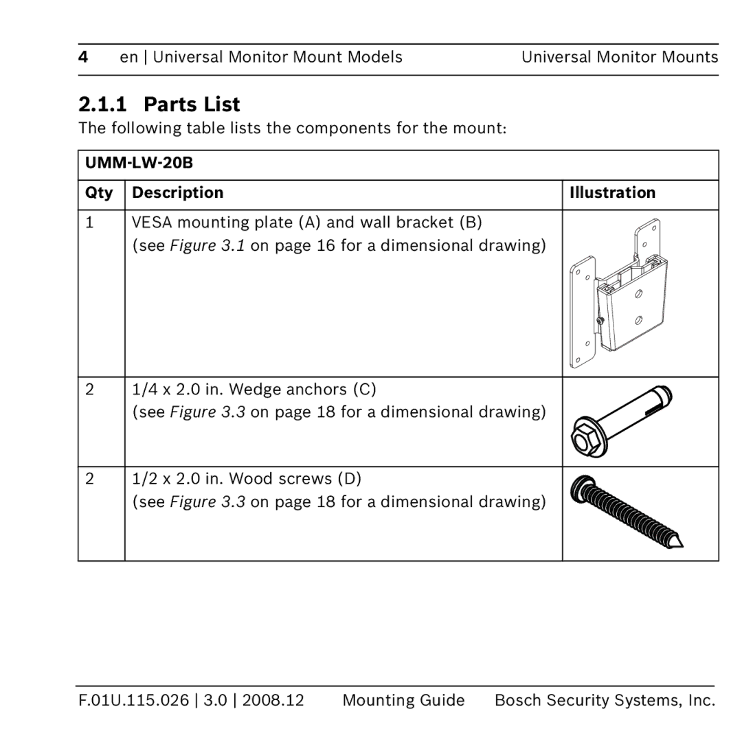 Bosch Appliances umm-lw-20b manual Parts List, UMM-LW-20B 