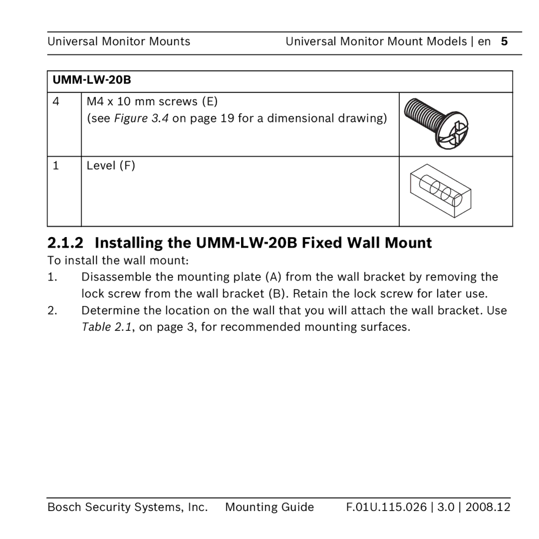 Bosch Appliances umm-lw-20b manual Installing the UMM-LW-20B Fixed Wall Mount 