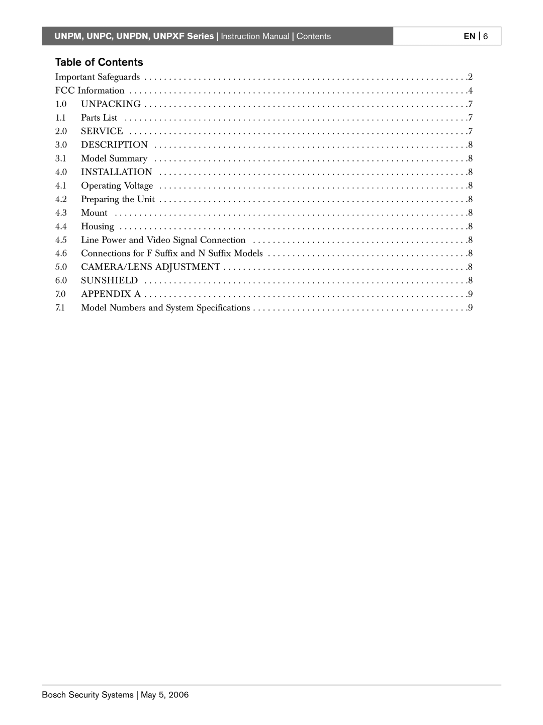 Bosch Appliances UNPC, UNPM, UNPXF, UNPDN instruction manual Table of Contents 