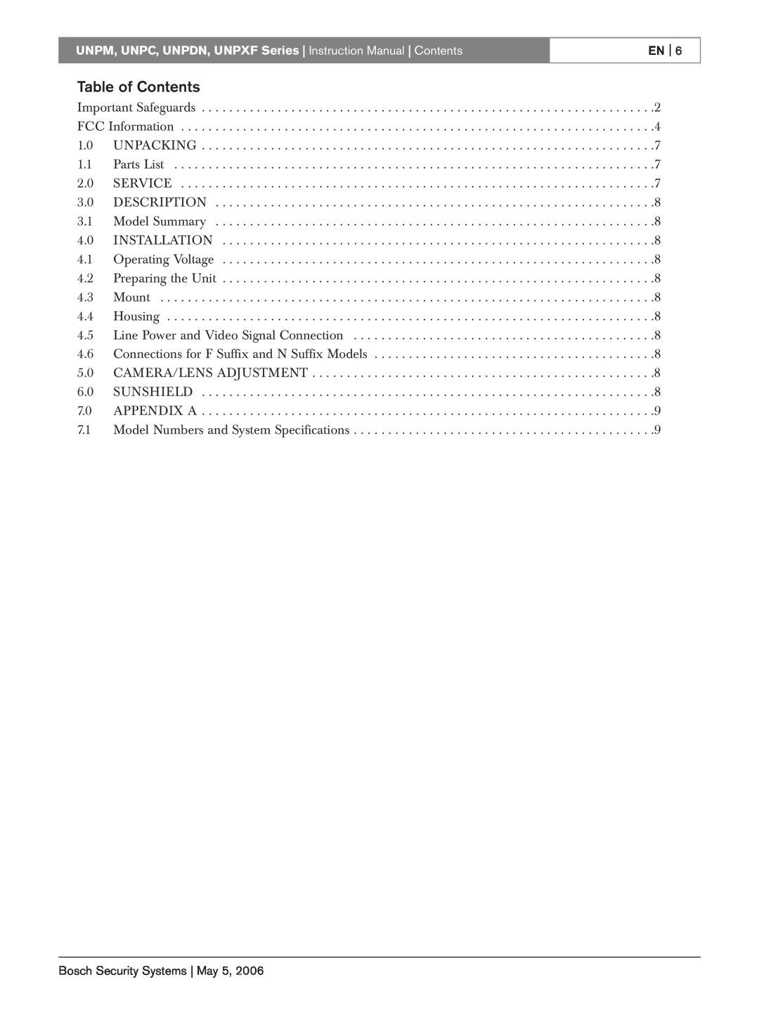 Bosch Appliances UNPC, UNPM, UNPXF, UNPDN instruction manual Table of Contents, En 