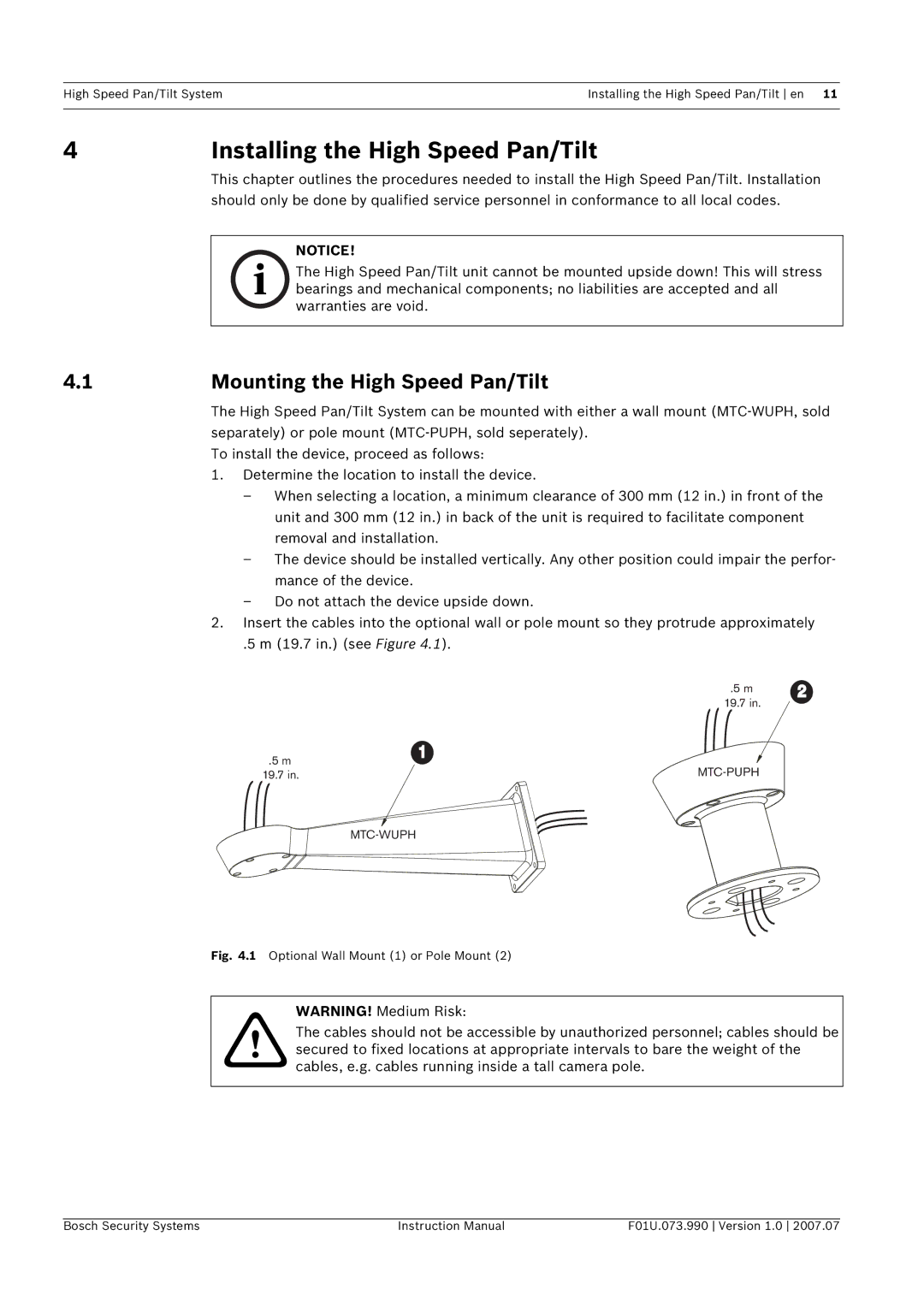 Bosch Appliances UPH-3D, UPH-2D Installing the High Speed Pan/Tilt, Mounting the High Speed Pan/Tilt, Warranties are void 