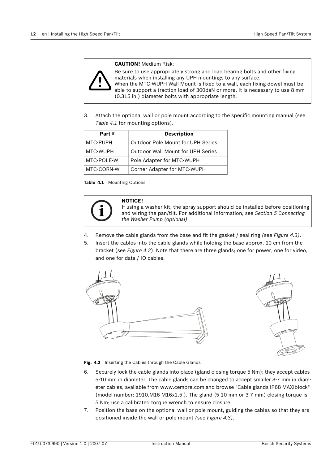 Bosch Appliances UPH-2D, UPH-Z, UPH-3D Description, Outdoor Pole Mount for UPH Series, Outdoor Wall Mount for UPH Series 