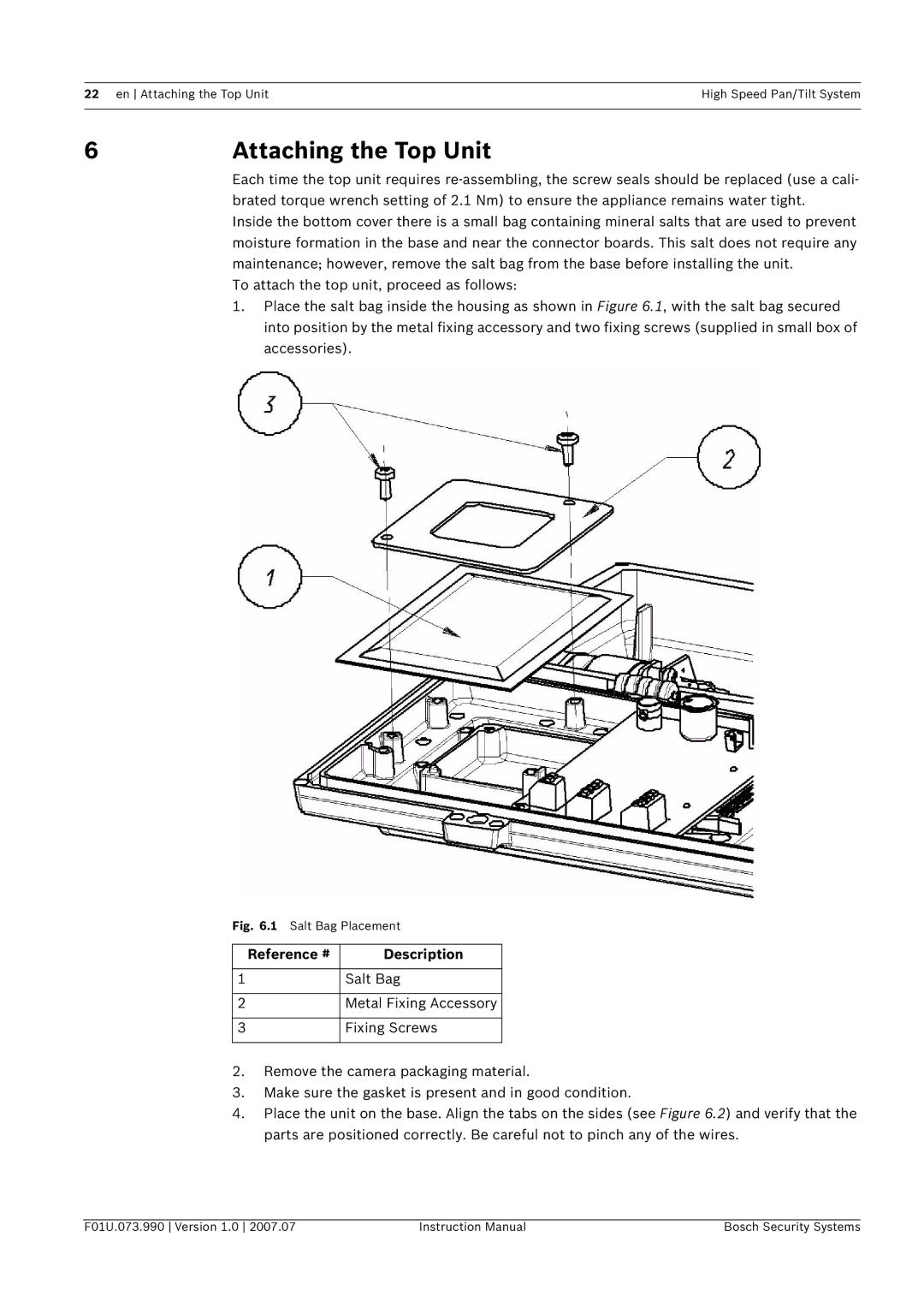 Bosch Appliances UPH-Z, UPH-2D, UPH-3D Attaching the Top Unit, Salt Bag, Metal Fixing Accessory, Fixing Screws 