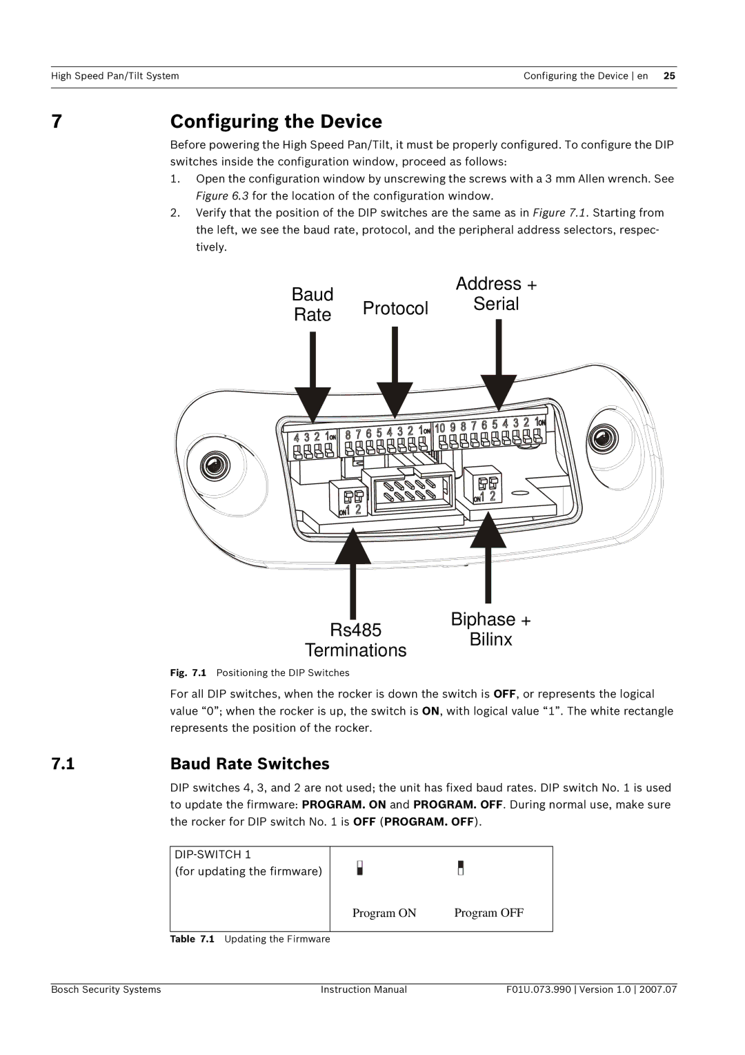 Bosch Appliances UPH-Z, UPH-2D Configuring the Device, Baud Rate Switches, Rocker for DIP switch No is OFF PROGRAM. OFF 