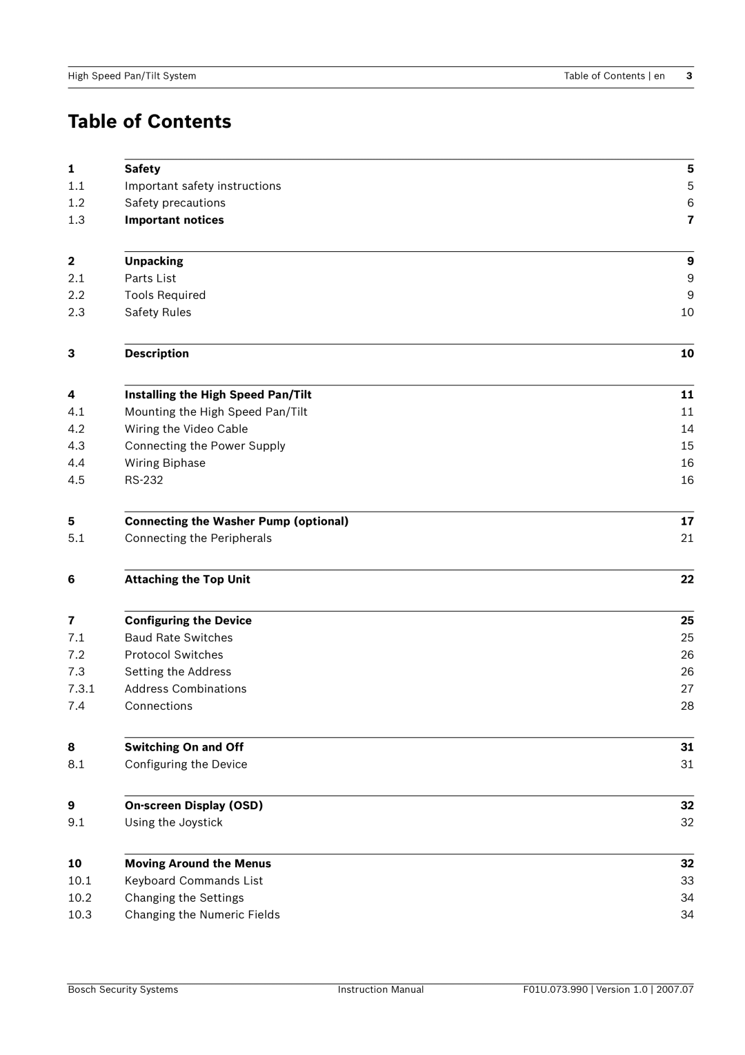 Bosch Appliances UPH-2D, UPH-Z, UPH-3D instruction manual Table of Contents 