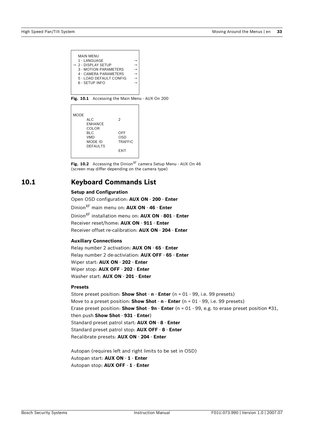 Bosch Appliances UPH-2D, UPH-Z, UPH-3D Keyboard Commands List, Setup and Configuration, Auxiliary Connections, Presets 