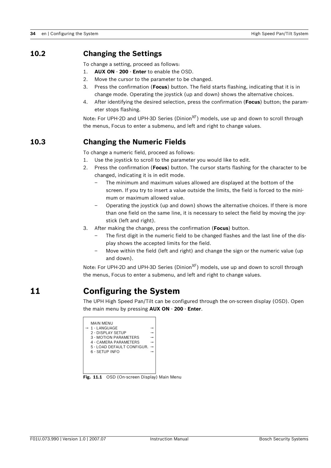 Bosch Appliances UPH-Z, UPH-2D, UPH-3D Configuring the System, Changing the Settings, Changing the Numeric Fields 