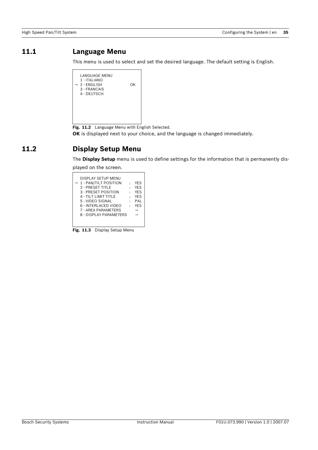 Bosch Appliances UPH-3D, UPH-2D, UPH-Z instruction manual Language Menu, Display Setup Menu, Played on the screen 