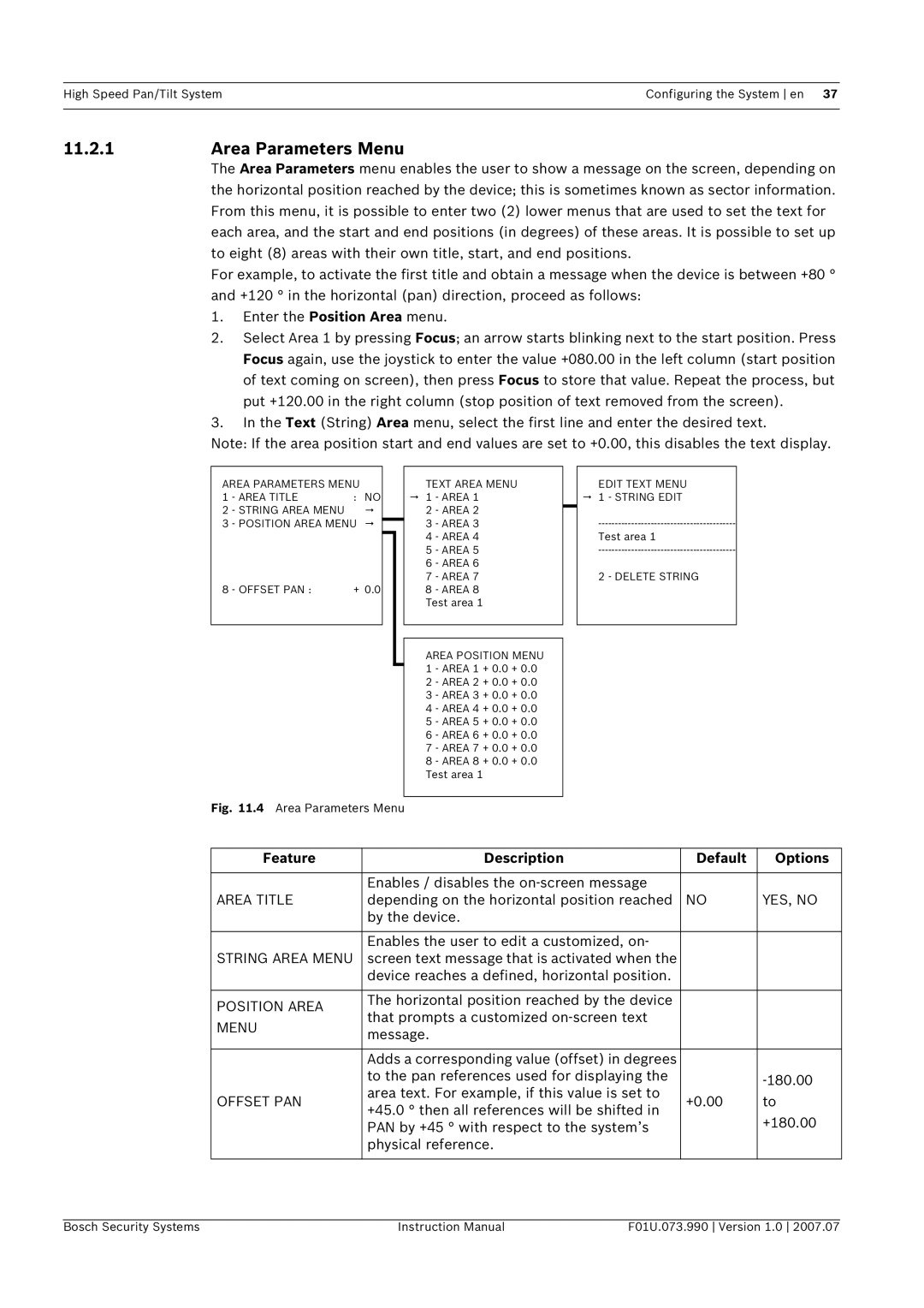 Bosch Appliances UPH-Z, UPH-2D, UPH-3D instruction manual Area Parameters Menu, Enables / disables the on-screen message 