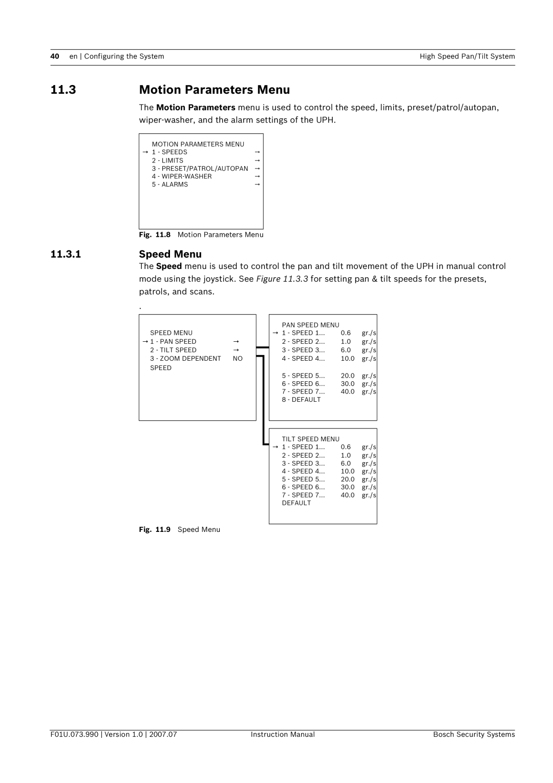 Bosch Appliances UPH-Z, UPH-2D, UPH-3D Motion Parameters Menu, Speed Menu, Wiper-washer, and the alarm settings of the UPH 