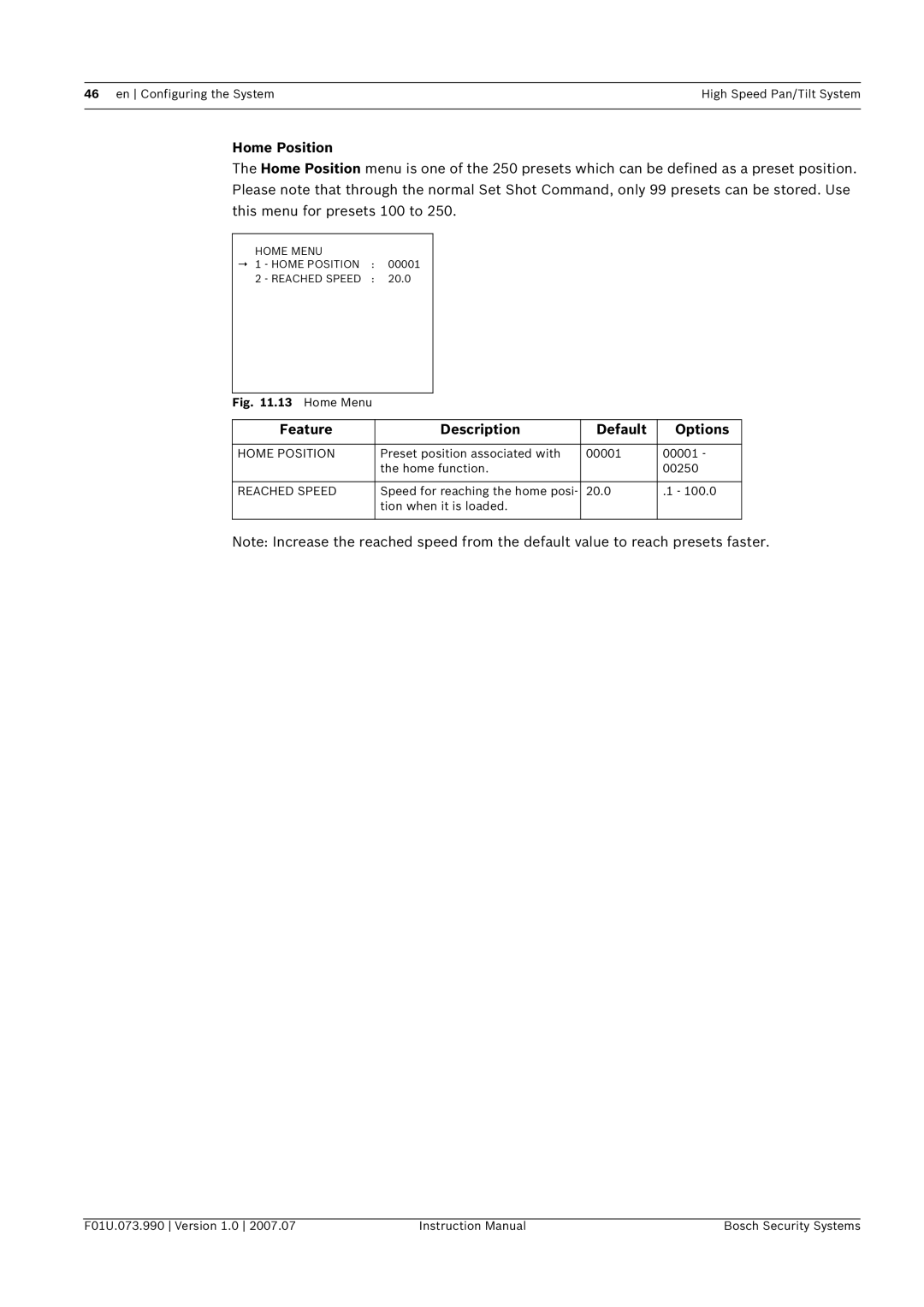 Bosch Appliances UPH-Z, UPH-2D, UPH-3D instruction manual Home Position, Reached Speed 