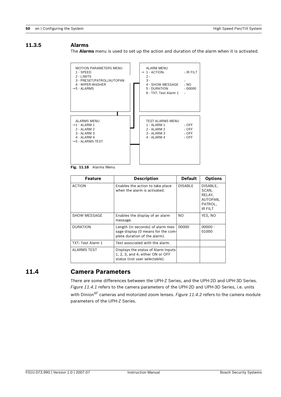 Bosch Appliances UPH-3D, UPH-2D, UPH-Z instruction manual Camera Parameters, Alarms 