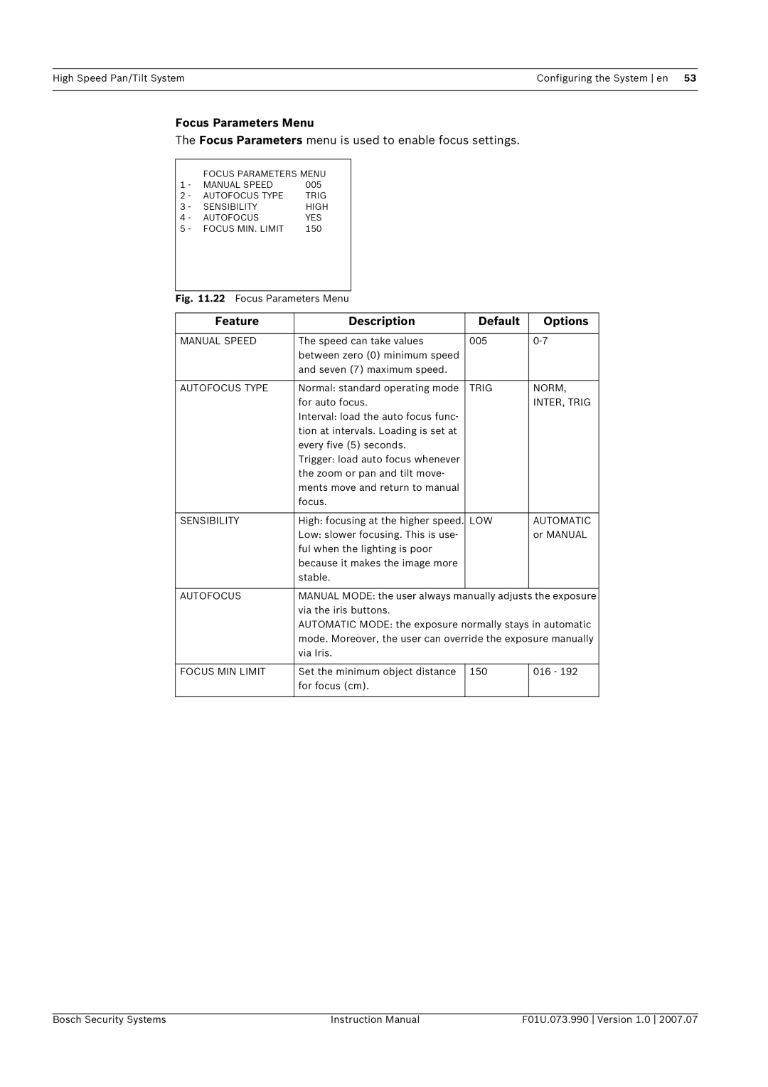 Bosch Appliances UPH-3D, UPH-2D, UPH-Z Focus Parameters Menu, Focus Parameters menu is used to enable focus settings 