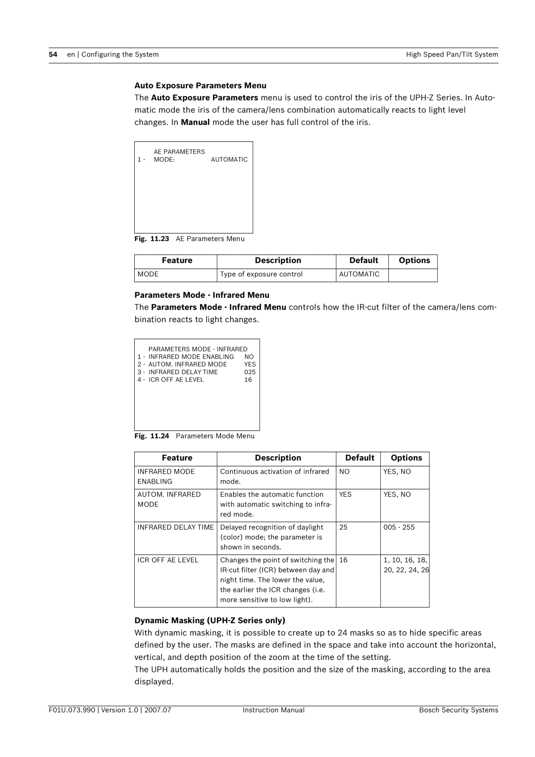 Bosch Appliances UPH-2D Auto Exposure Parameters Menu, Parameters Mode Infrared Menu, Dynamic Masking UPH-Z Series only 