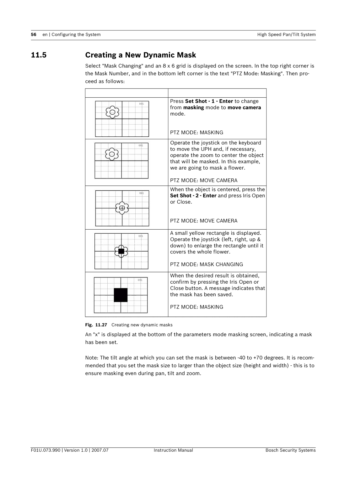 Bosch Appliances UPH-3D, UPH-2D, UPH-Z instruction manual Creating a New Dynamic Mask, PTZ Mode Masking 