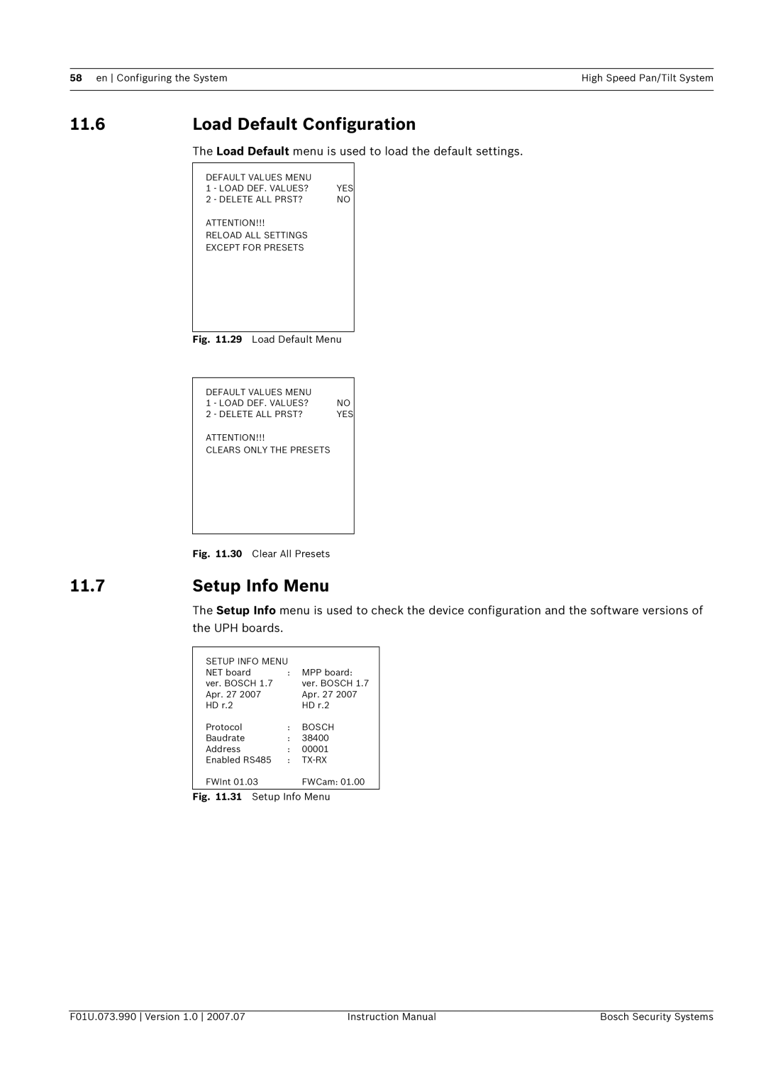 Bosch Appliances UPH-Z Load Default Configuration, Setup Info Menu, Load Default menu is used to load the default settings 