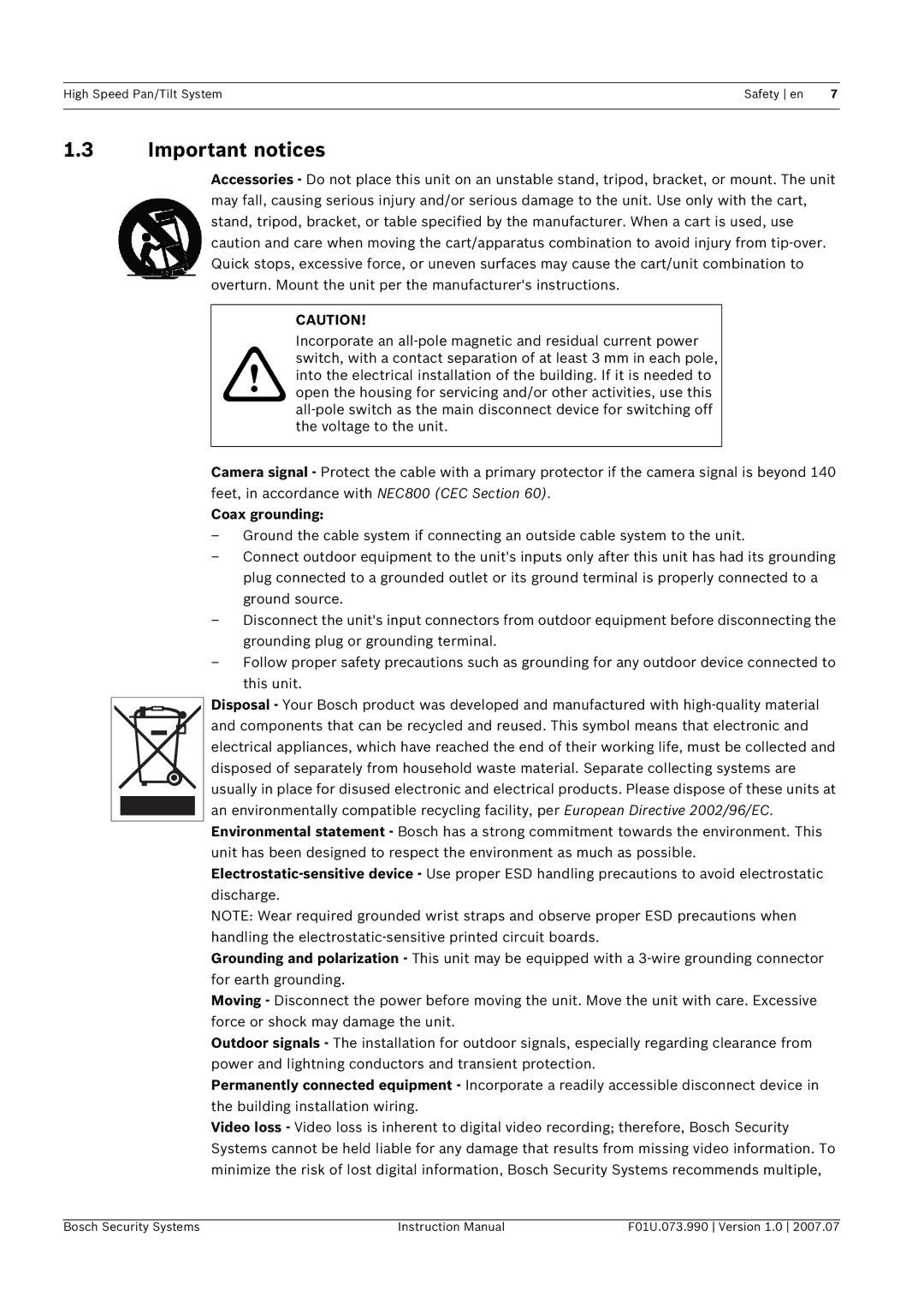 Bosch Appliances UPH-Z, UPH-2D, UPH-3D instruction manual Important notices, Coax grounding 