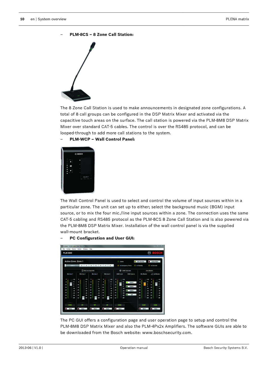 Bosch Appliances V1.0 PLM‑8CS 8 Zone Call Station, PLM‑WCP Wall Control Panel, PC Configuration and User GUI 