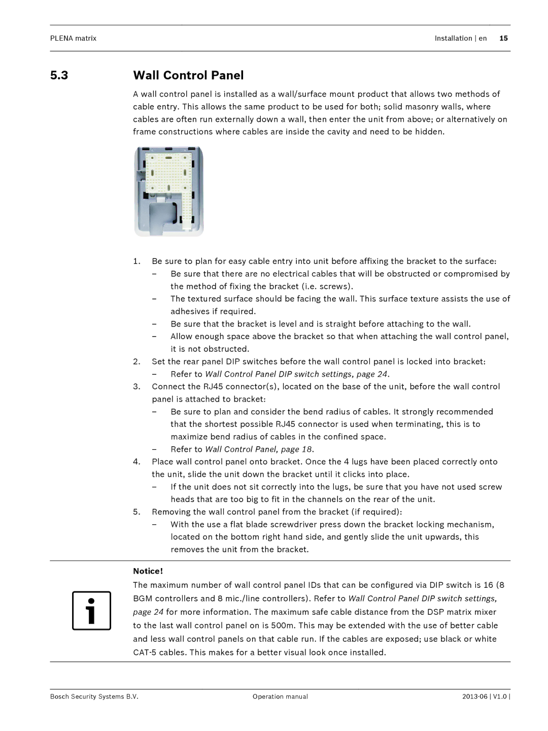 Bosch Appliances V1.0 operation manual 3Wall Control Panel, Refer to Wall Control Panel DIP switch settings 