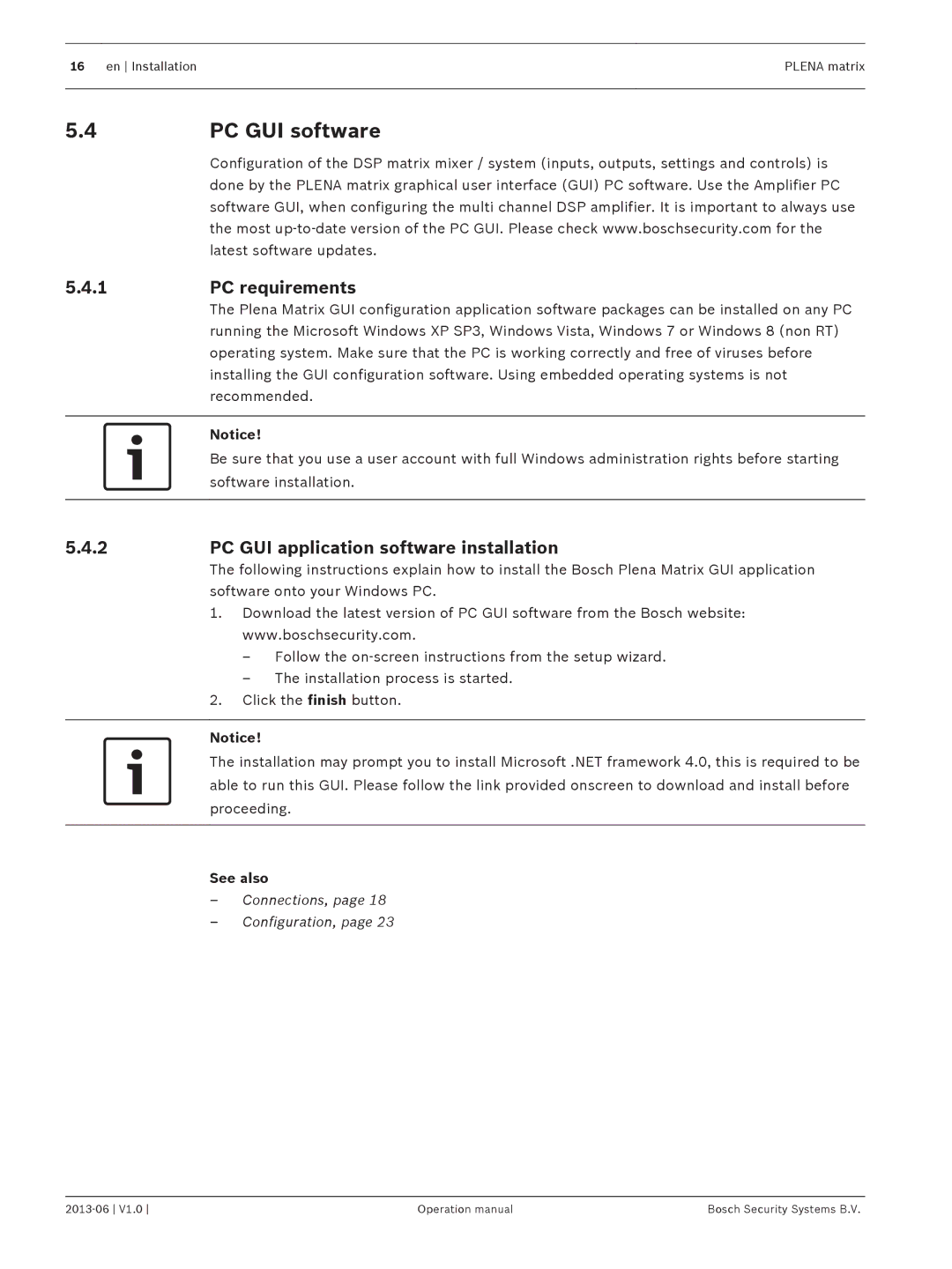 Bosch Appliances V1.0 operation manual PC GUI software, PC requirements, PC GUI application software installation, See also 