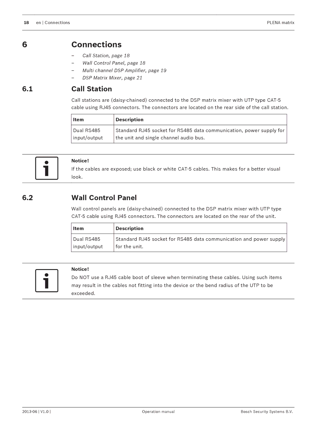 Bosch Appliances V1.0 operation manual Connections, Wall Control Panel, Description 