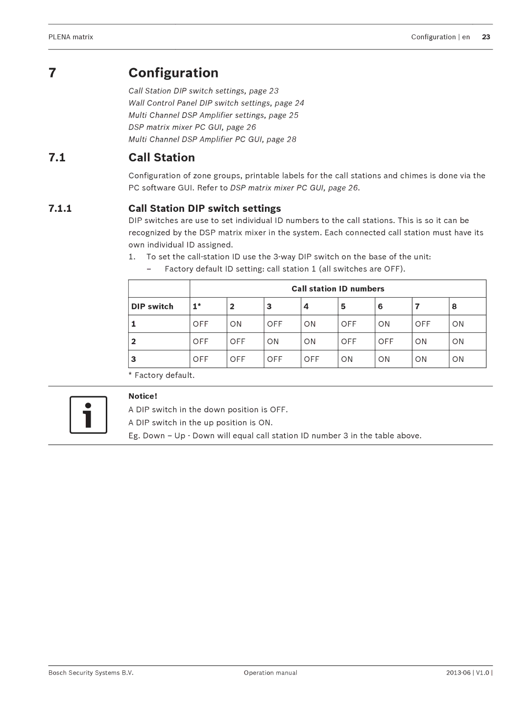 Bosch Appliances V1.0 operation manual 7Configuration, Call Station DIP switch settings, Call station ID numbers DIP switch 