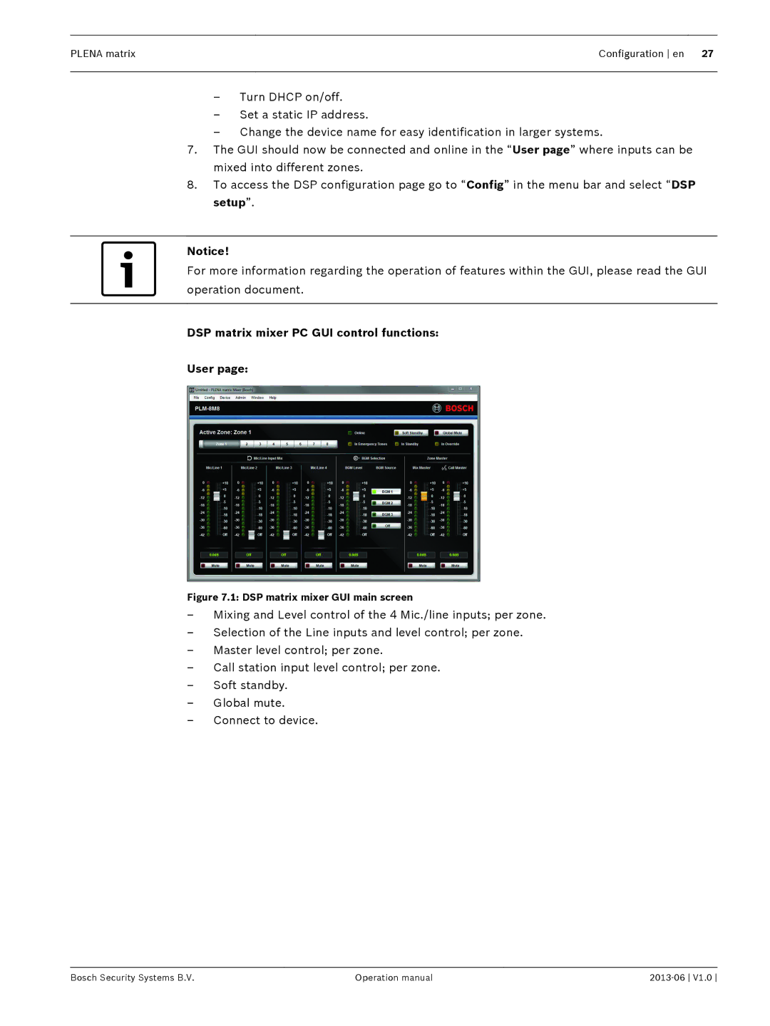 Bosch Appliances V1.0 operation manual DSP matrix mixer PC GUI control functions User, DSP matrix mixer GUI main screen 