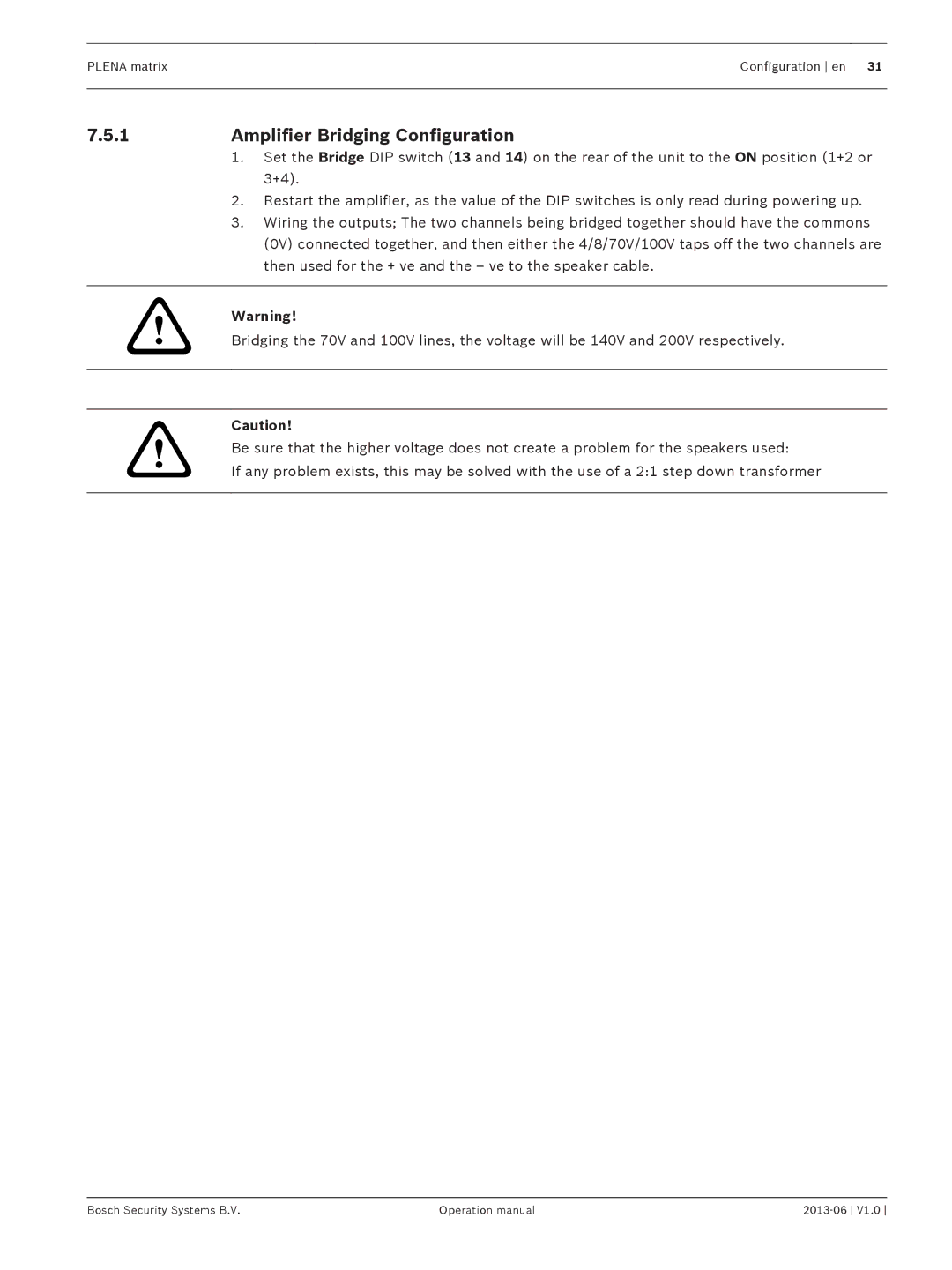 Bosch Appliances V1.0 operation manual Amplifier Bridging Configuration 