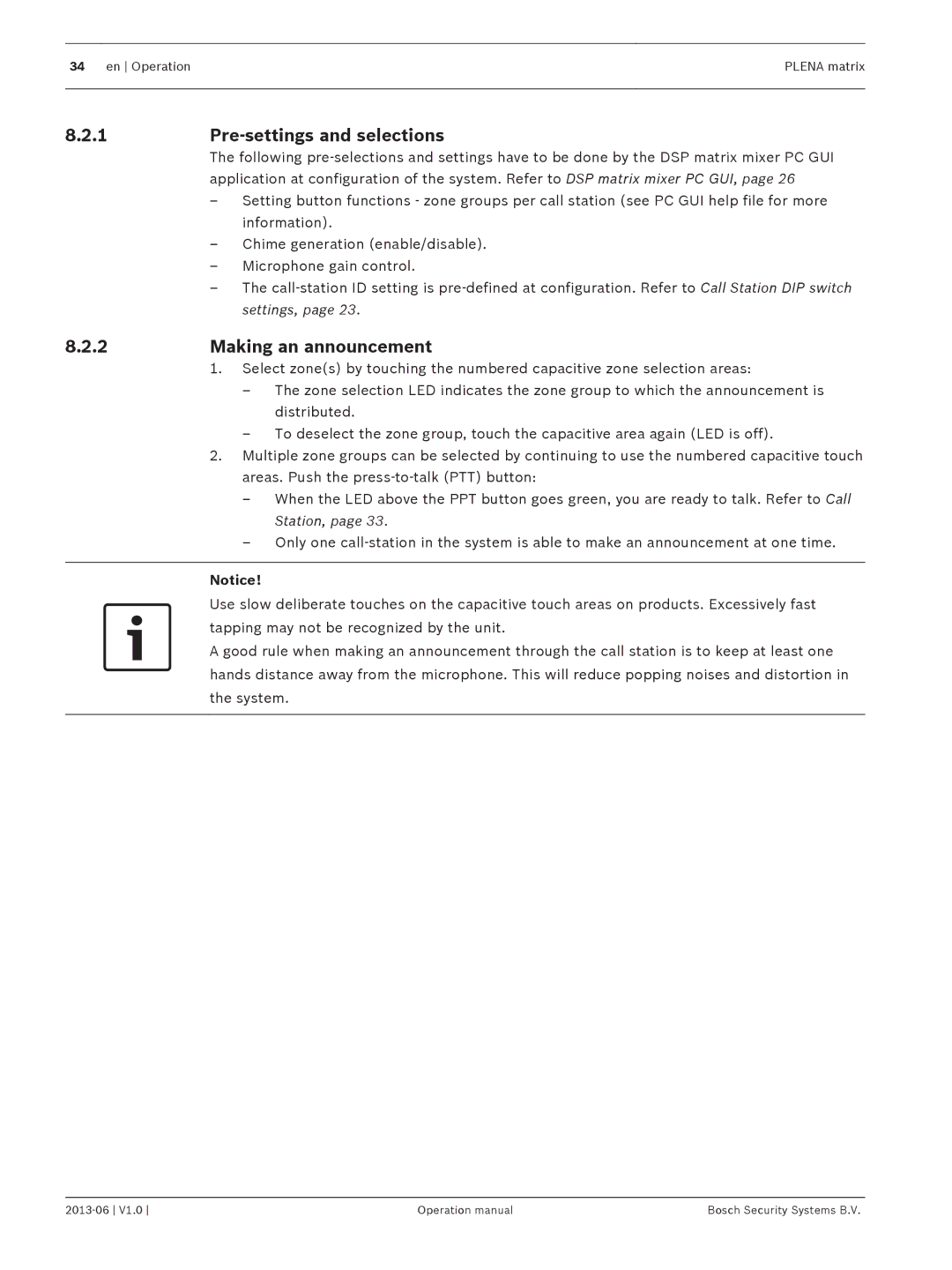 Bosch Appliances V1.0 operation manual Pre-settings and selections, Making an announcement 