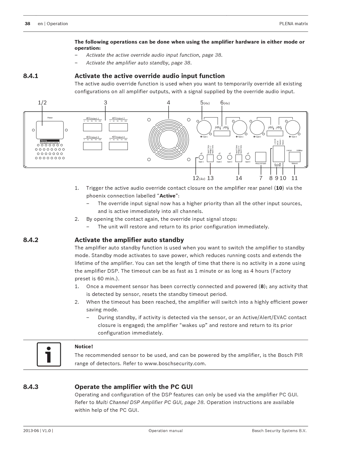 Bosch Appliances V1.0 Activate the active override audio input function, Activate the amplifier auto standby 