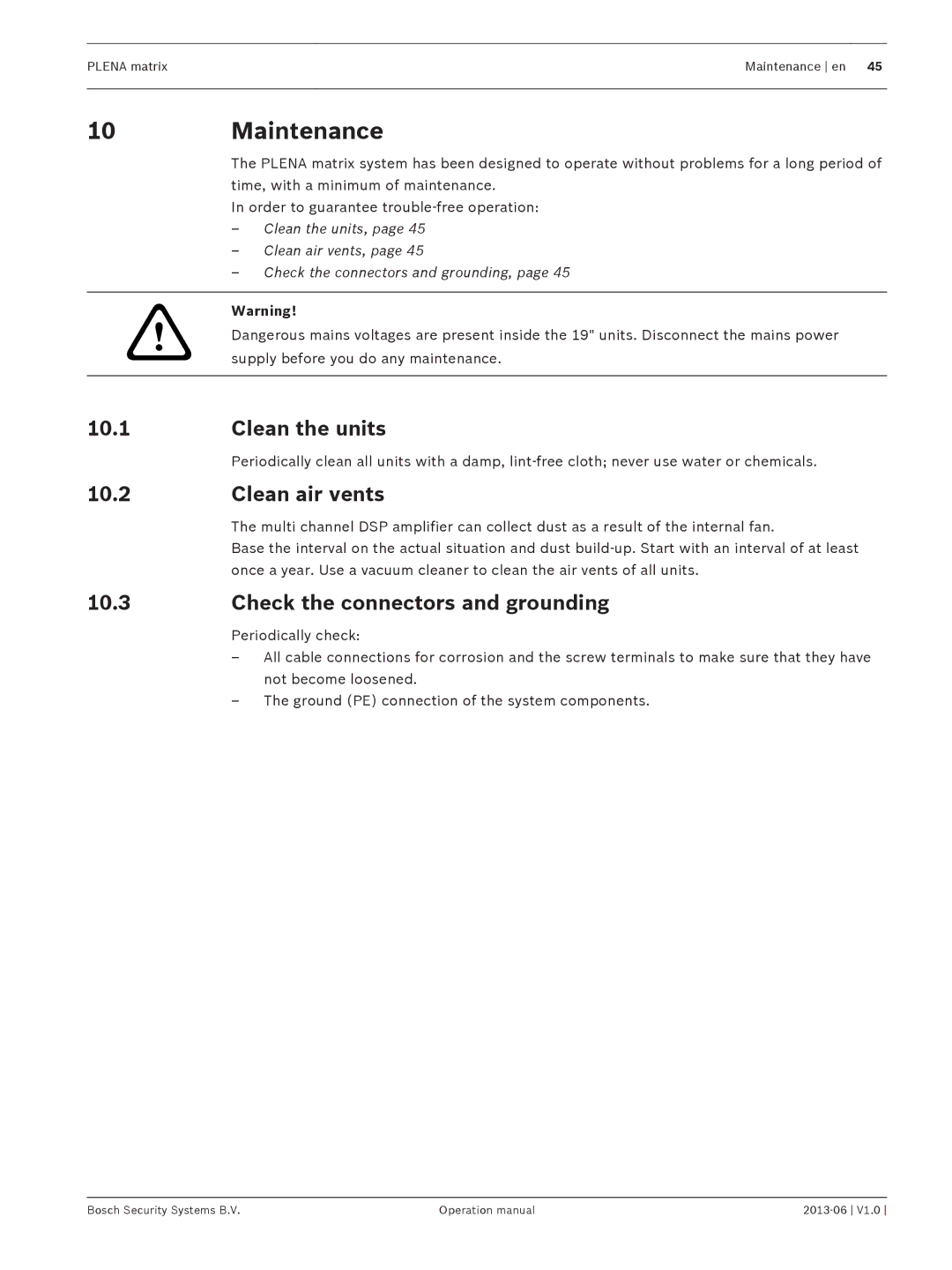 Bosch Appliances V1.0 operation manual Maintenance, Clean the units, Clean air vents, Check the connectors and grounding 