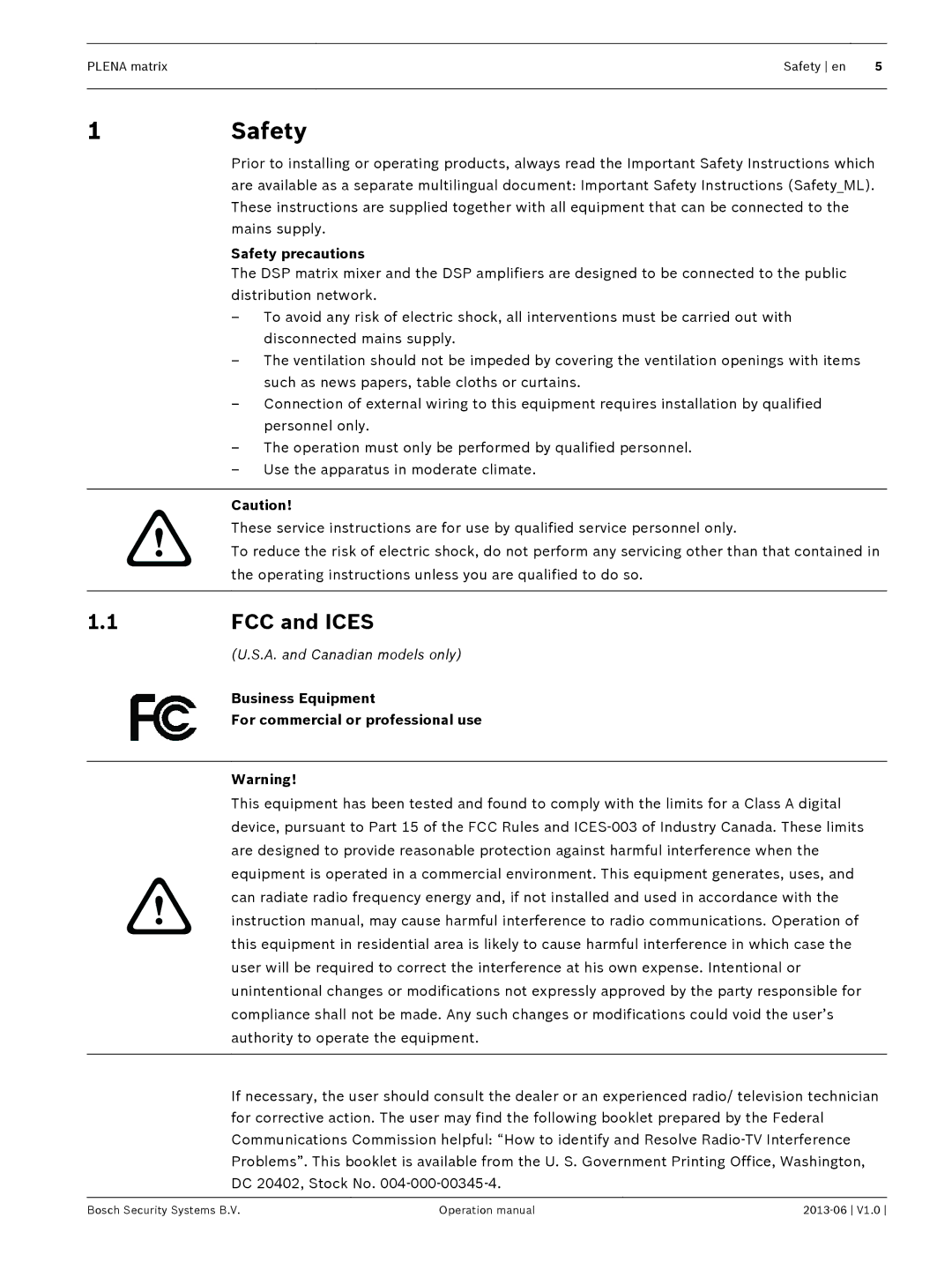 Bosch Appliances V1.0 1Safety, 1FCC and Ices, Safety precautions, Business Equipment For commercial or professional use 