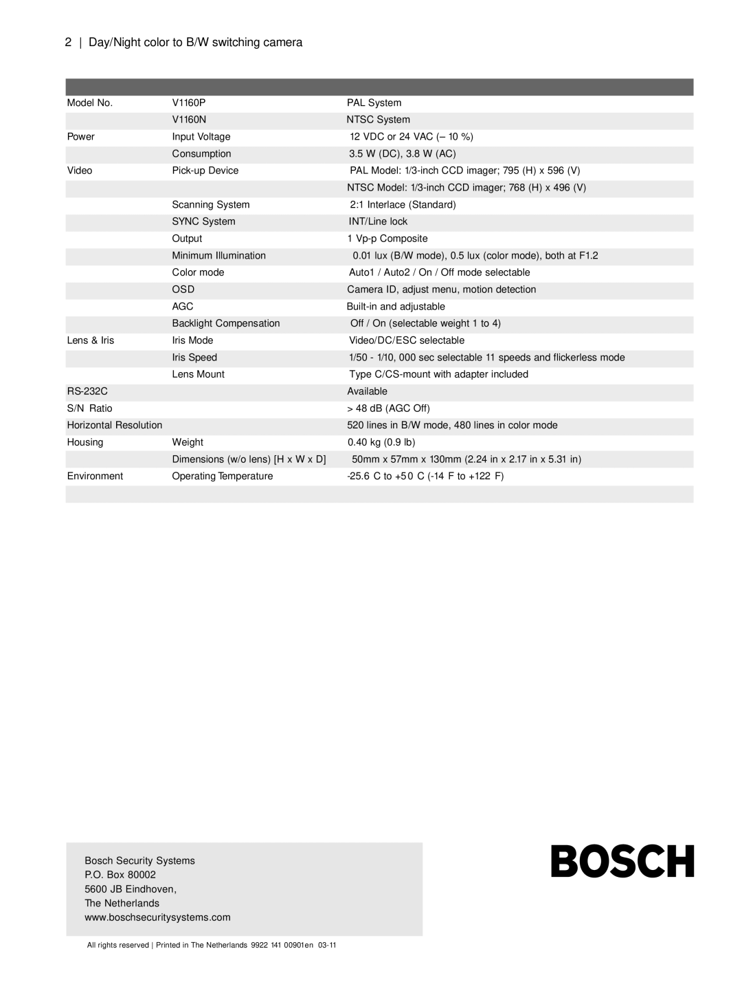 Bosch Appliances V1160 manual Day/Night color to B/W switching camera, Osd, Agc 