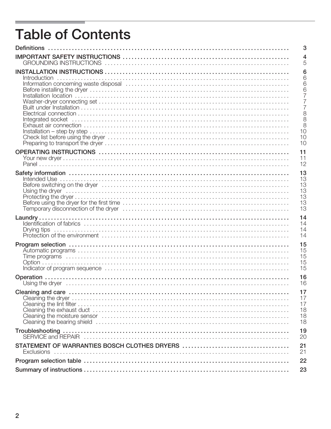 Bosch Appliances V20-UL manual Table of Contents 