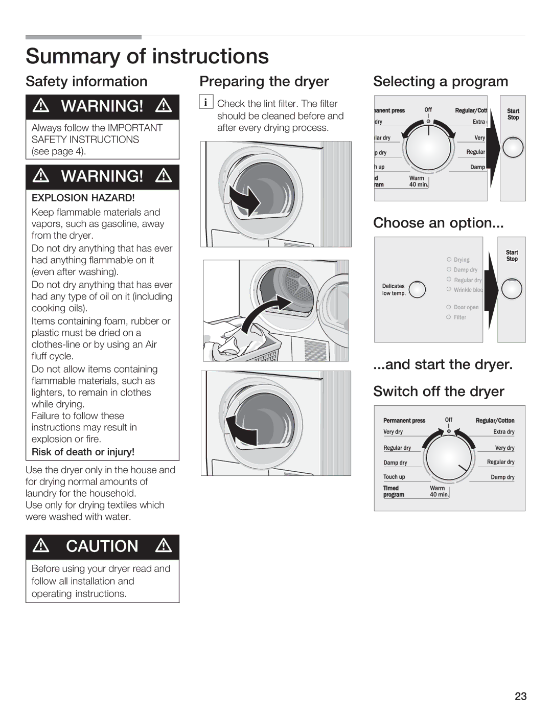 Bosch Appliances V20-UL manual Summary of instructions, Safety Information Preparing Dryer 