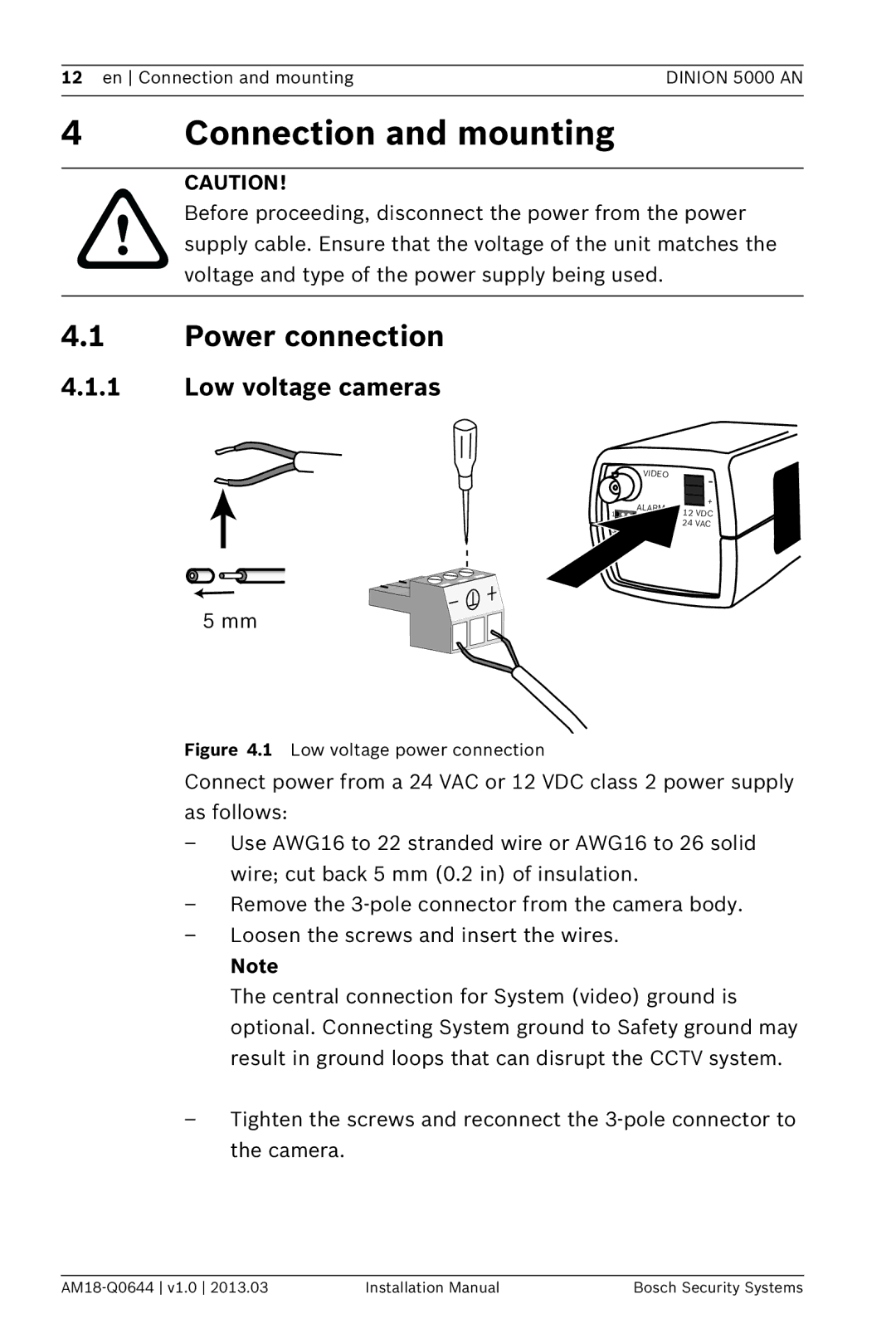 Bosch Appliances VBN-5085 installation manual Connection and mounting, Power connection, Low voltage cameras 