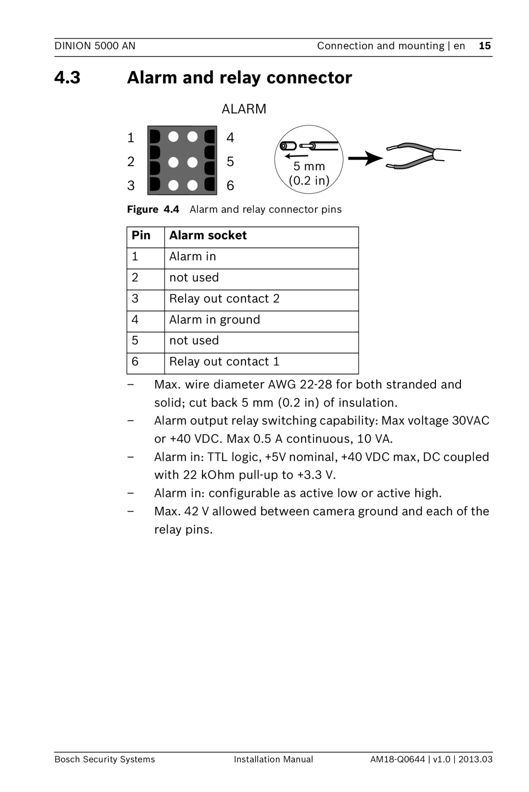 Bosch Appliances VBN-5085 installation manual Alarm and relay connector, Pin Alarm socket 