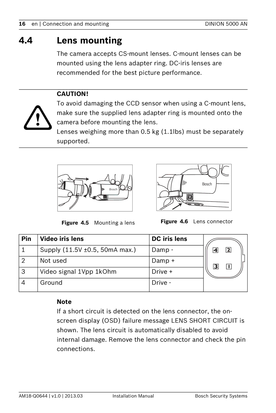 Bosch Appliances VBN-5085 installation manual Lens mounting, Pin Video iris lens DC iris lens 