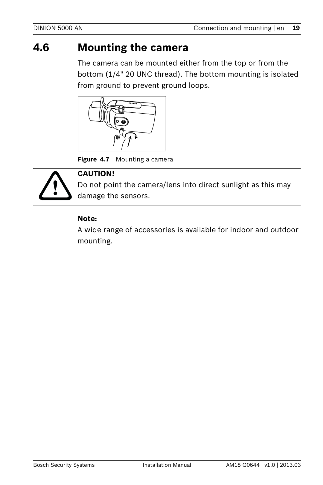 Bosch Appliances VBN-5085 installation manual Mounting the camera 