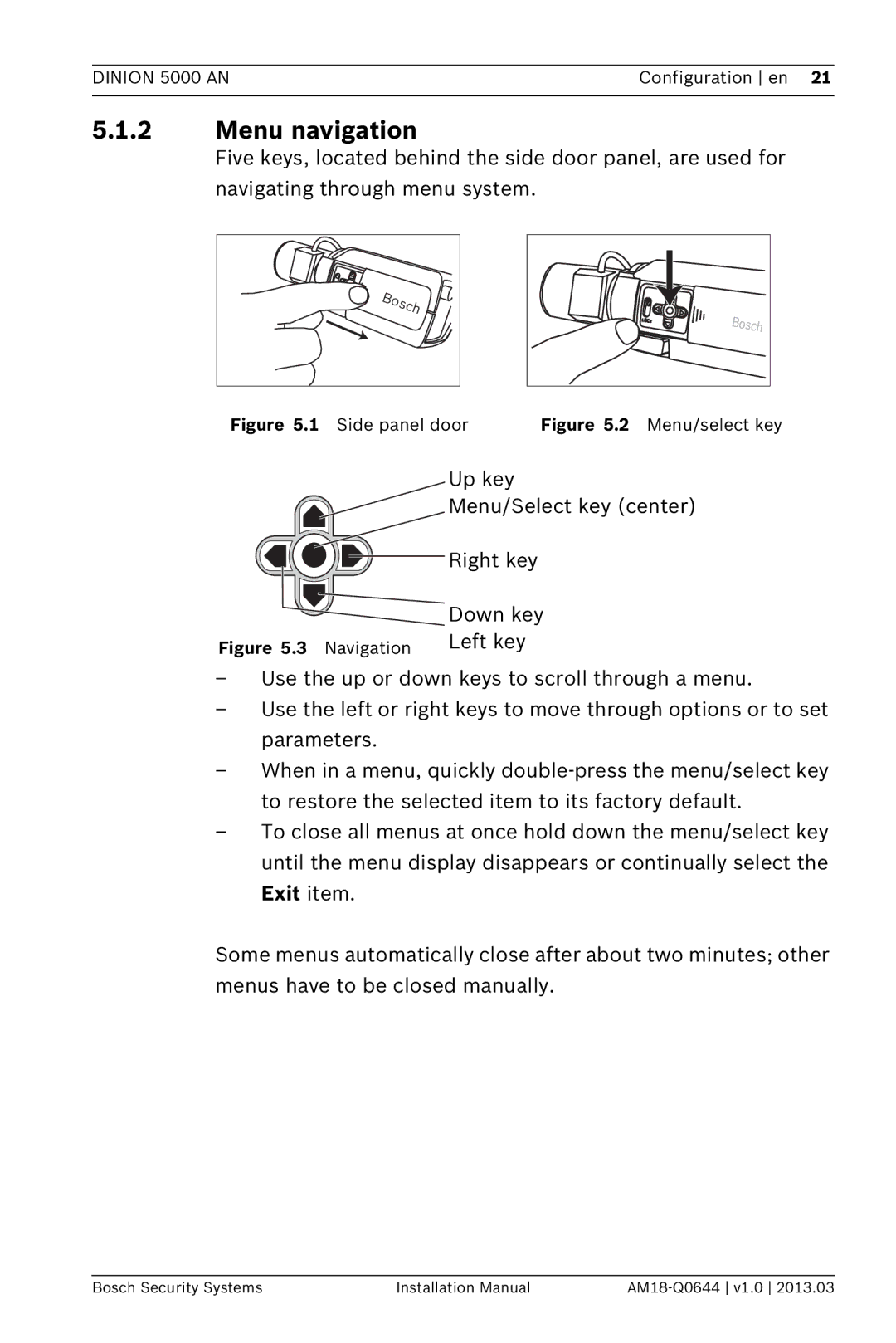 Bosch Appliances VBN-5085 installation manual Menu navigation, Side panel door .2 Menu/select key 