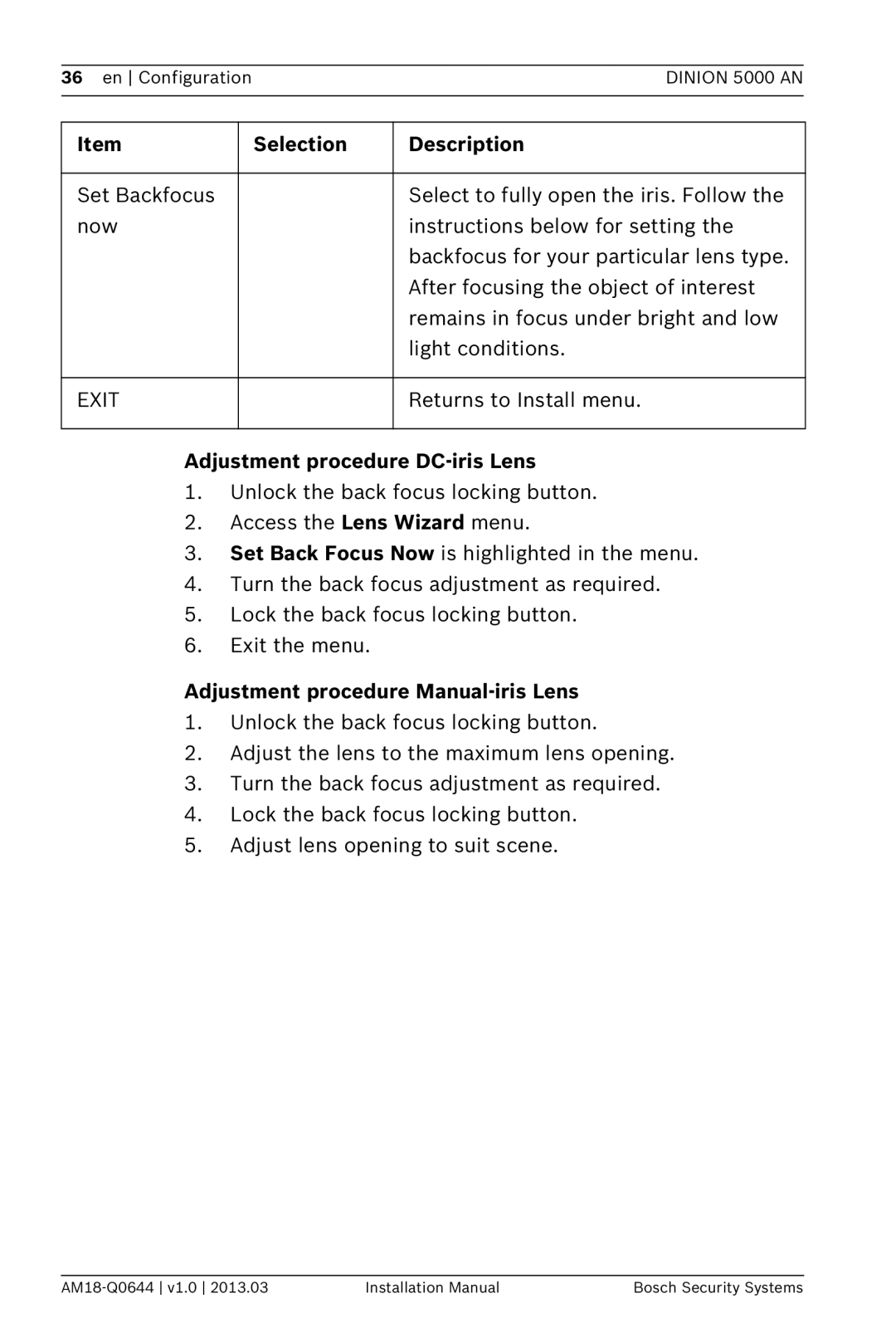 Bosch Appliances VBN-5085 installation manual Adjustment procedure DC-iris Lens, Adjustment procedure Manual-iris Lens 