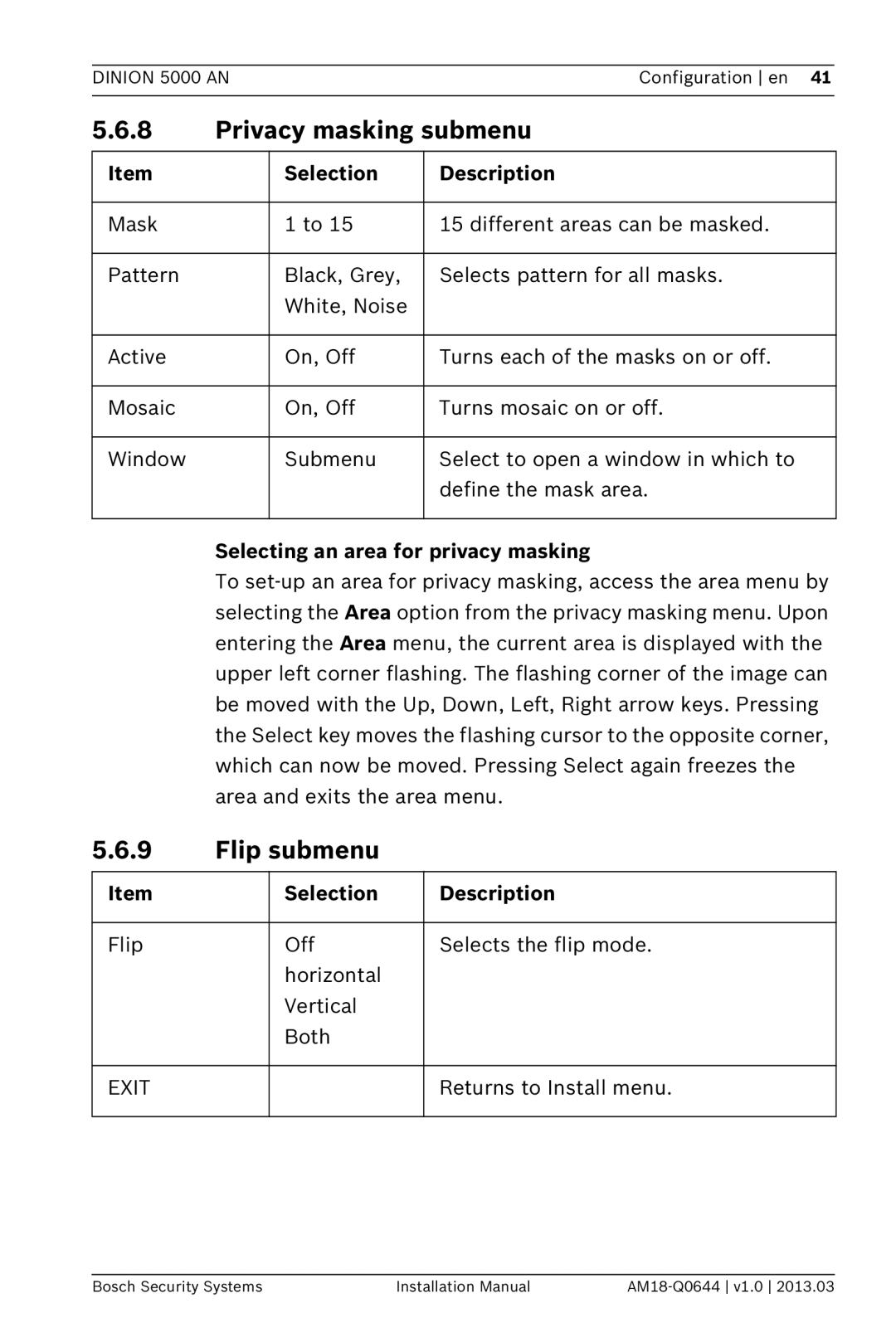 Bosch Appliances VBN-5085 installation manual Privacy masking submenu, Flip submenu, Selecting an area for privacy masking 