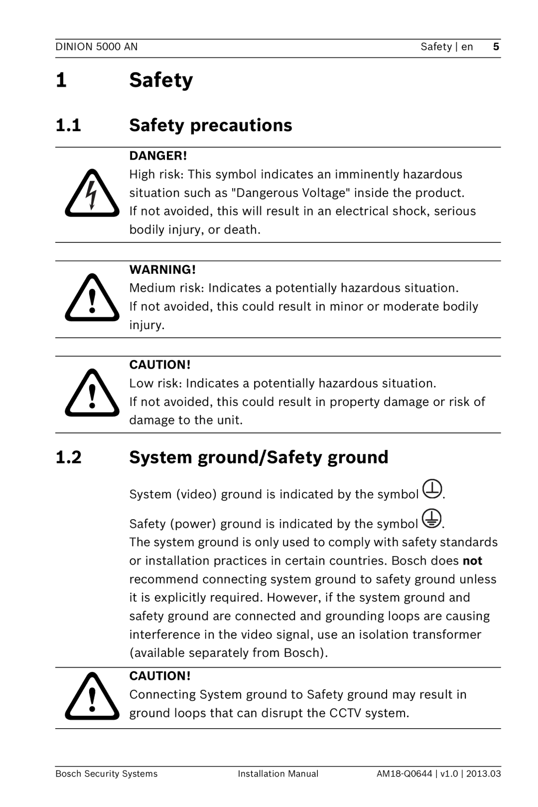 Bosch Appliances VBN-5085 installation manual Safety precautions, System ground/Safety ground 