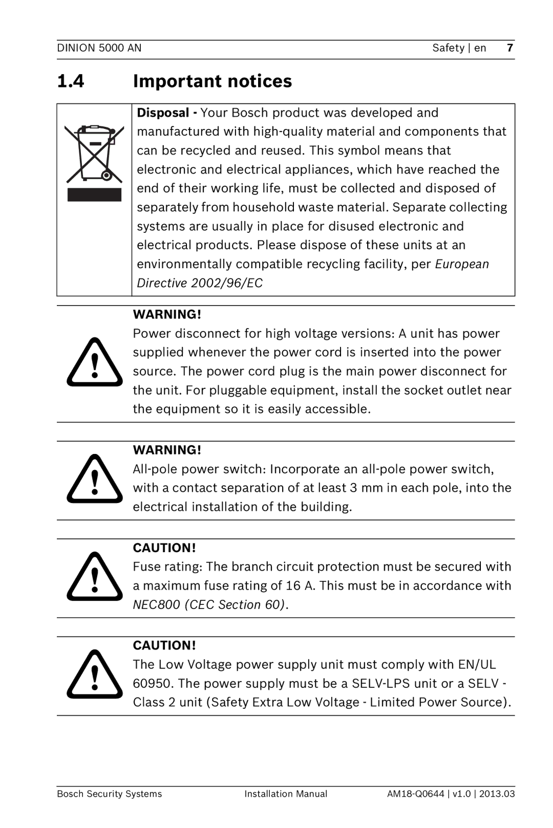 Bosch Appliances VBN-5085 installation manual Important notices 