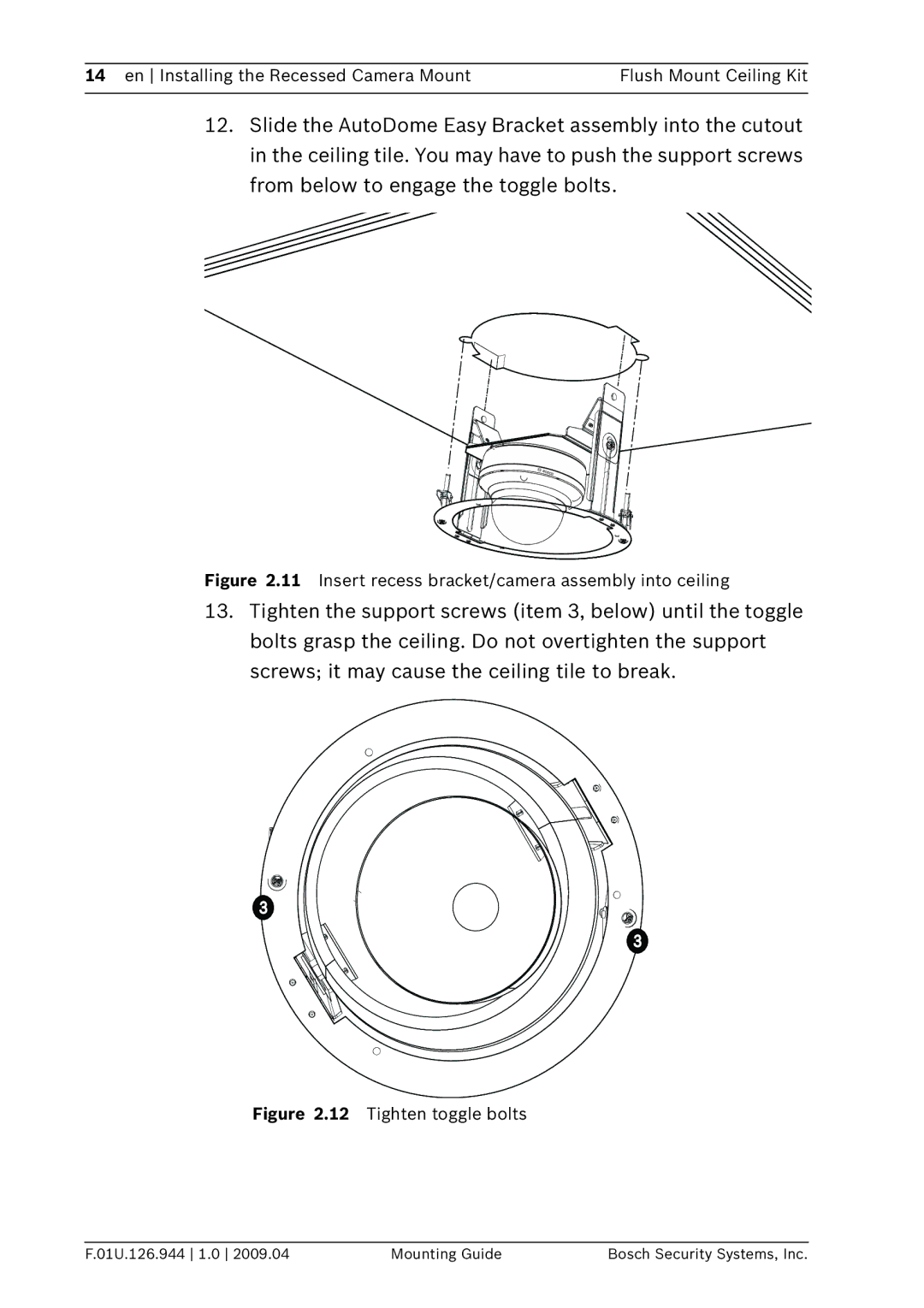 Bosch Appliances VDA-NWDFMT manual Insert recess bracket/camera assembly into ceiling 