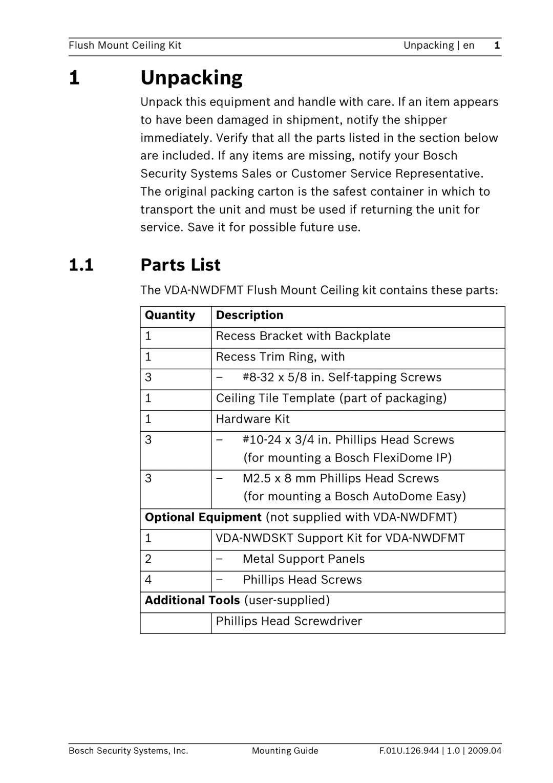 Bosch Appliances VDA-NWDFMT manual Unpacking, Parts List 